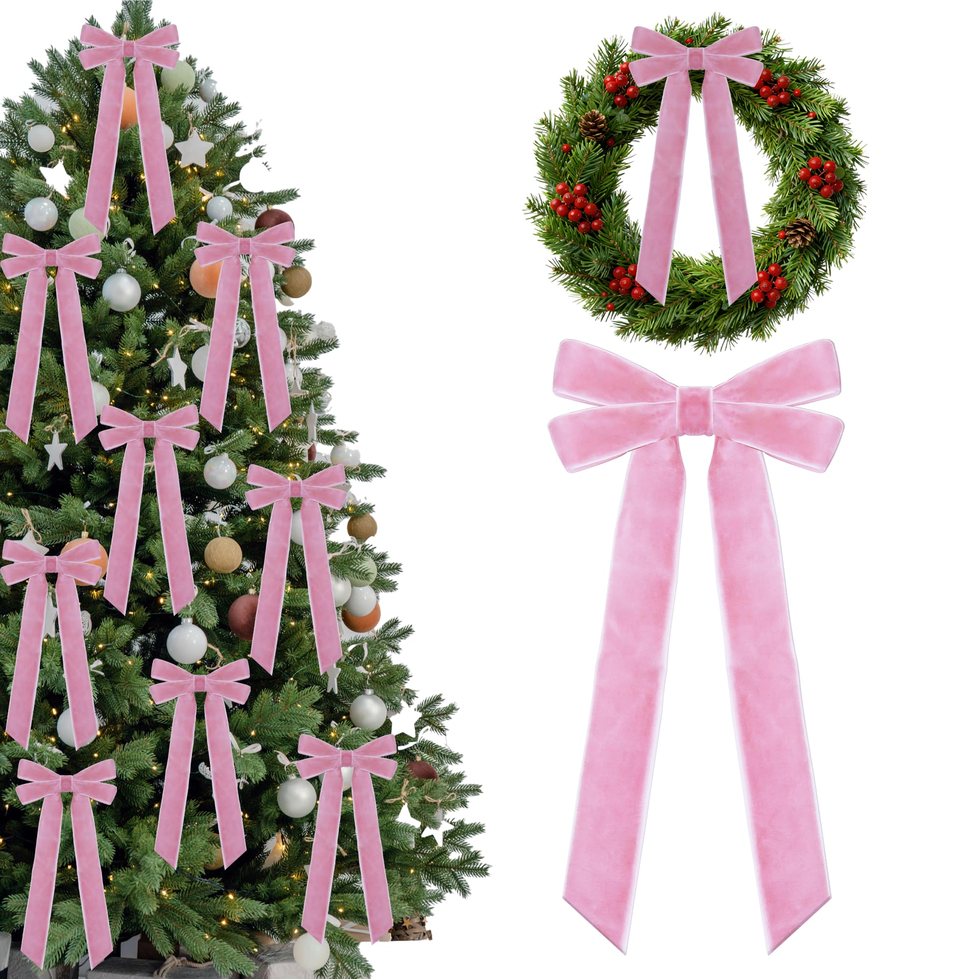 Photo 1 of 15 Pcs Pink Velvet Ribbon Bows for Christmas Tree 5in x 10in x 1in Vintage Velvet Bows Xmas Ornaments for Christmas Tree Wreath Garland Party Decor(Pink)