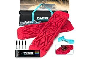 YUNFUER Recovery Traction Boards with Jack Base, Off Road Accessories 4x4 for Sand, Mud and Snow, Leashes, Mounting Kits, Carry Bag and Stickers are Included (Red)