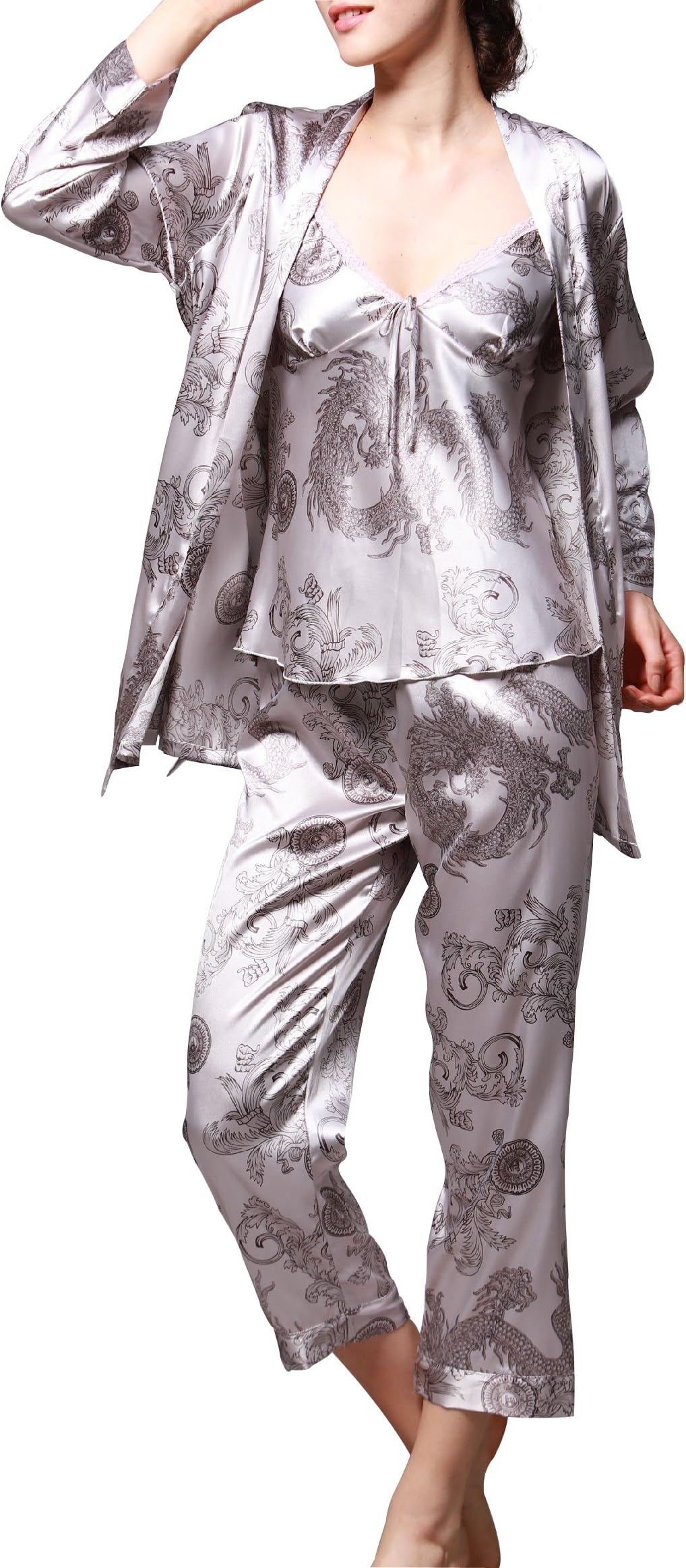 Jusfitsu Women's Pajama Sets Elegance 3pcs Silk Pajamas Womens Sleepwear Sets Grey L