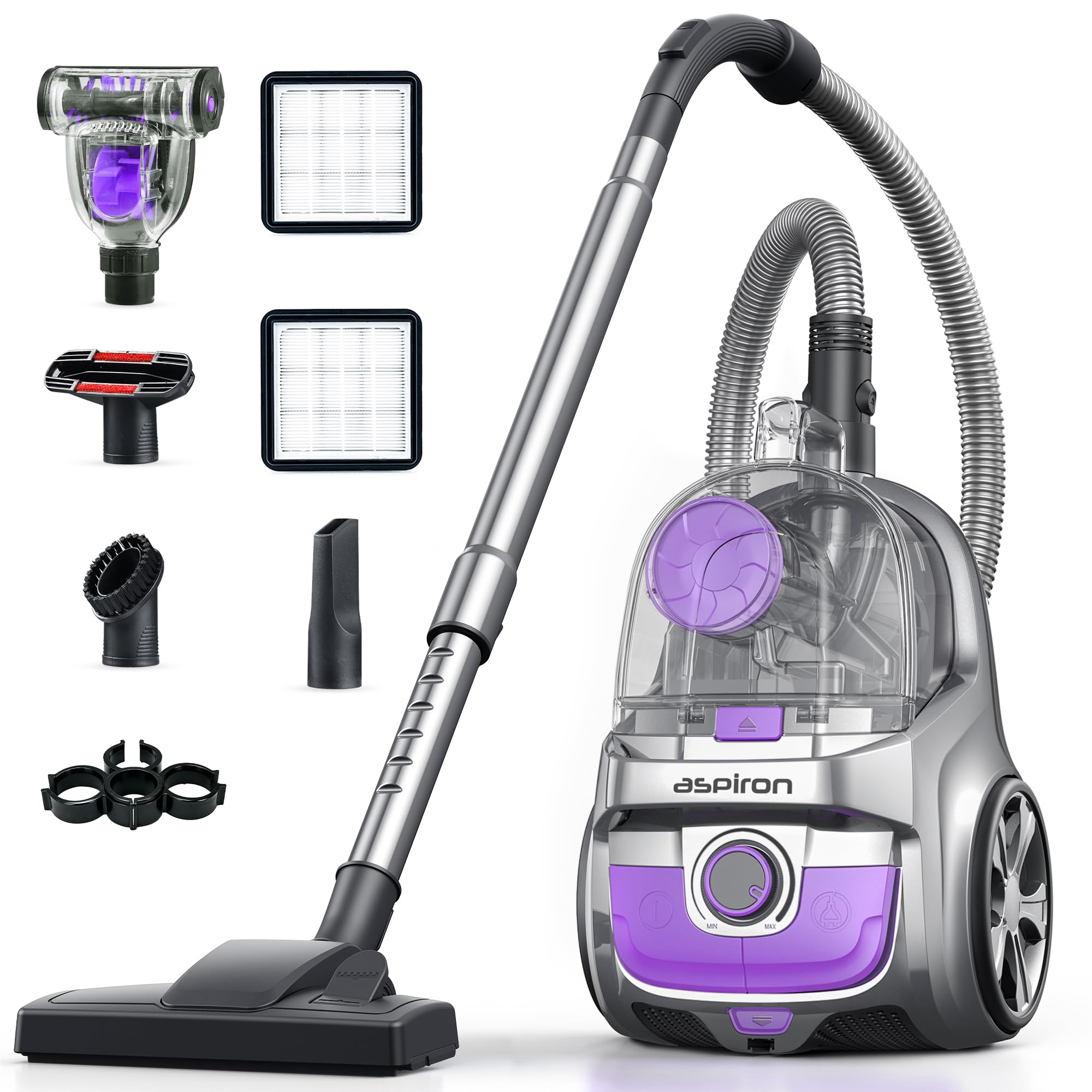 Aspiron Canister Vacuum Cleaner, 40Kpa Bagless Vacuum Cleaners, 4QT Large Dust Cup, Double HEPA Filter, Retractable Cord, 1600W Lightweight Vacuum Cleaner with 5 Tools for Hard Floors, Pearl