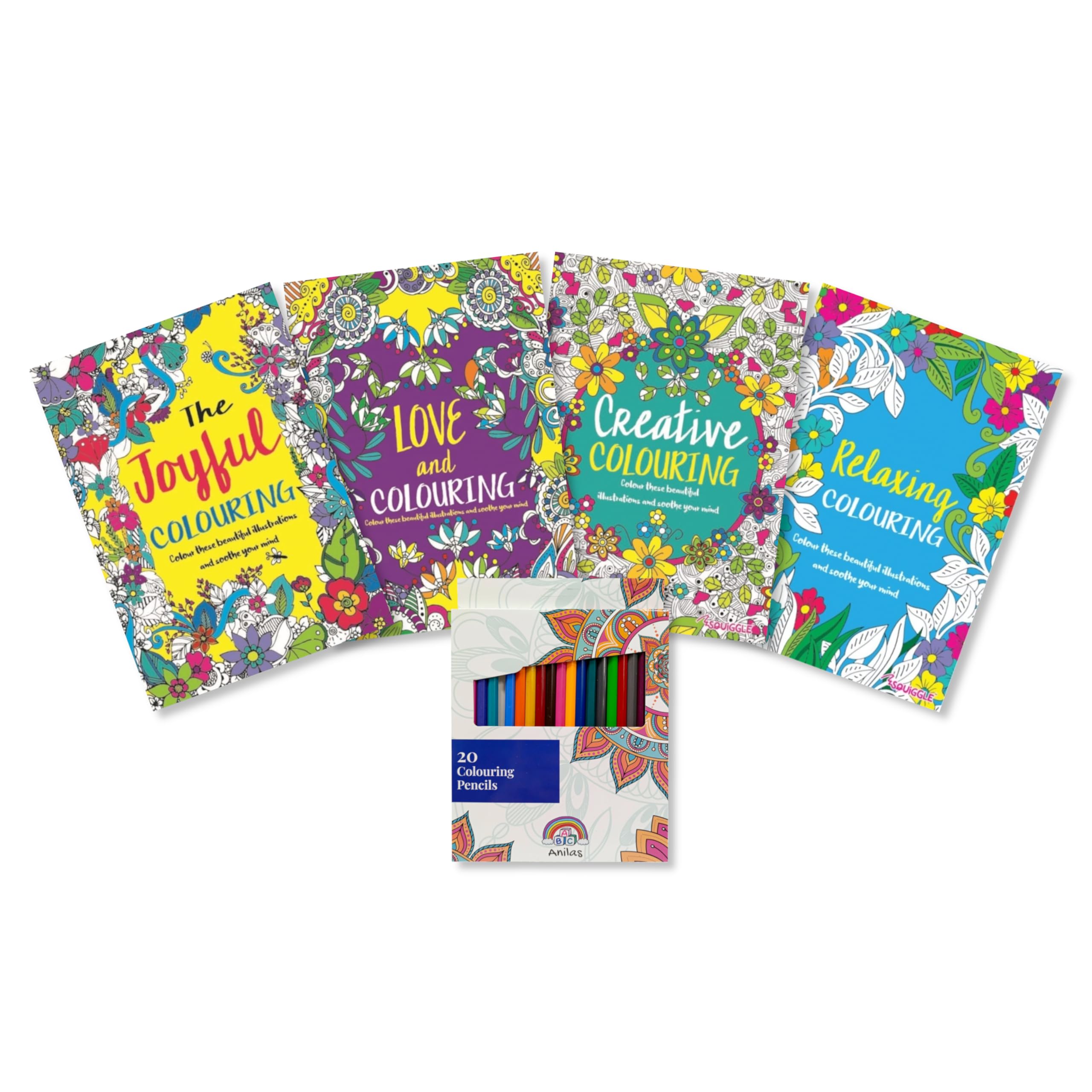 Anilas Set of 4 Relaxing & Soothing Colouring Books with 20 Colouring Pencils, Containing Therapeutic Designs to Inspire a State of Calm & Relaxation to Help Eliminate Stress (SET2)