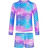 TENVDA Girls Rash Guard Swimsuit Long Sleeve Bathing Suits with Shorts for 3-12 Years Old Kids