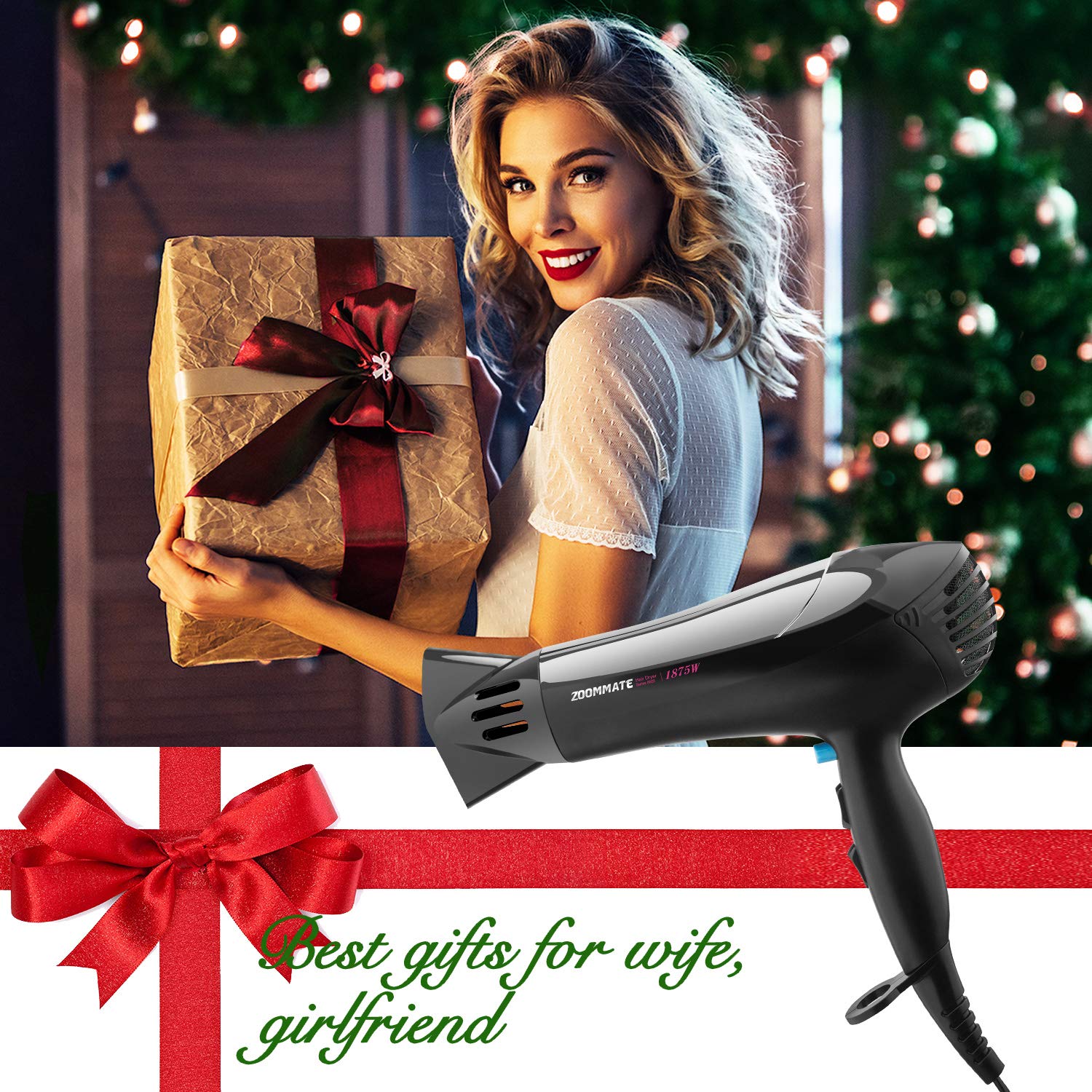 Professional Hair Dryer ZOOMMATE 1875W DC Motor Negative Ions Blow Dryer, with Concentrator & Diffuser,2 Speed & 3 Heat Setting, Safety Protection, ETL Certified