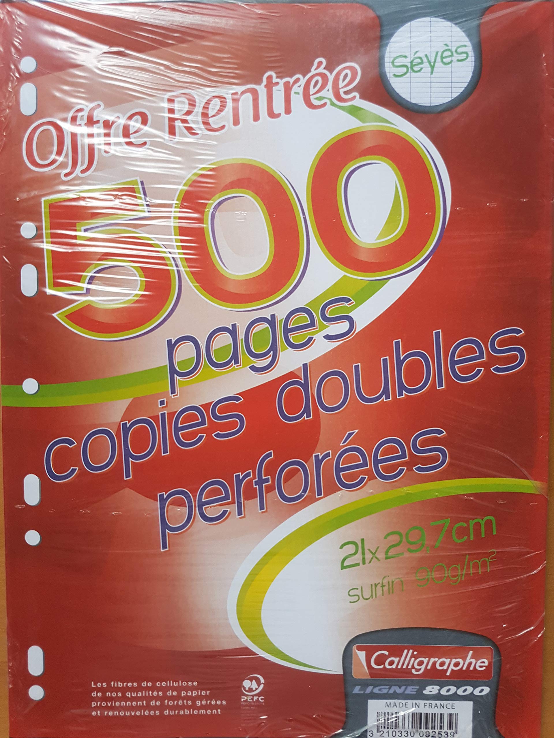 Calligraphe 9253C (Clairefontaine) - A Pack of Perforated Double Sheets in Film - A4 21x29.7cm - 500 Seyes Ruled Pages - White Paper 90g - 32x26 cm Minimum