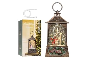 EIGHTOWN 9.6" Christmas Snow Globe Lantern with Snowman- Water Swirling Glitter LED Light Musical Lantern with Exterior Decor - Vintage Xmas Gifts - USB Plug or Battery Operated Home Decor (Snowman)