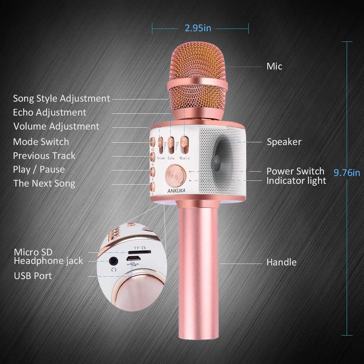 Ankuka Bluetooth Karaoke Microphone, Handheld Wireless Singing Karaoke Machine Speaker, Portable Mic Player for Christmas Birthday Home Party: Musical Instruments