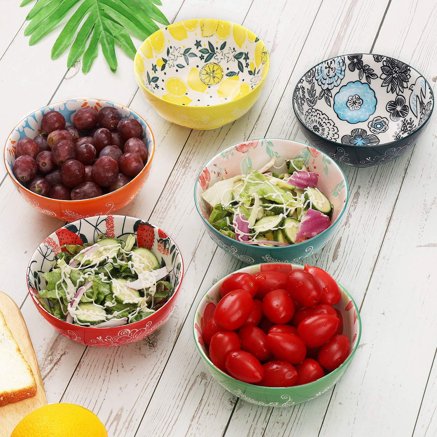 DeeCoo Porcelain Bowls Set (18-Ounce, 6-Piece) - Bowls for Cereal, Soup, Salad, Pasta, Fruit, Ice Cream Bowls Service - Microwave and Dishwasher Safe, Assorted Designs: Kitchen & Dining