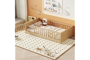 ROCKINGRUN Montessori Floor Bed with Convertible Door and Safety Guardrails, Twin Size Solid Pine Wood Floor Bed Frame with Slats, for Girls, Boys, Child Bedroom, Kids Playroom (Natural)