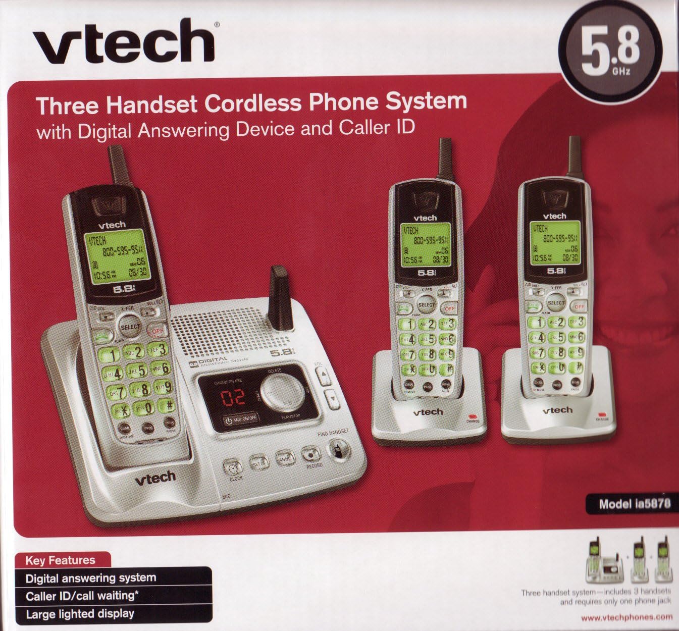 Vtech ia5878 5.8 GHz Three Handset cordless Phone Systemm w/ Digital