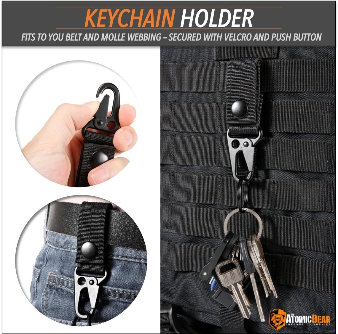 The Atomic Bear Kit of 11 Attachments for 1 inch Molle Webbing Bags, Tactical Backpacks, Tactical Vests – 4 Grimlock D-Ring Carabiner Clips – 4 Molle Elastic Strings – 2 Straps 4” MOD Tac Tie : Sports & Outdoors