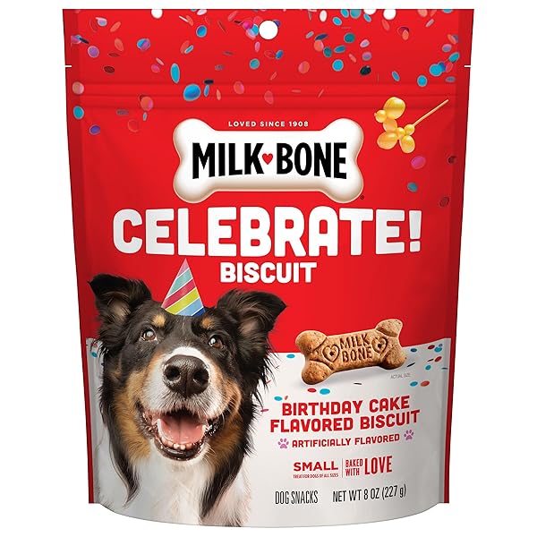 MILK-BONE CELEBRATE BIRTHDAY CAKE ARTIFICIALLY FLAVORED BISCUITS, SMALL DOG TREATS, 8 OZ. BAG