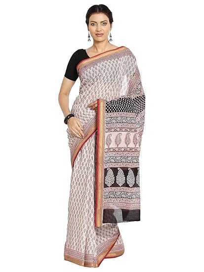 Finest Quality Cotton - Handmade Light Pink base Saree and Maroon, Black Booti, Zari Border -Bagh Block Print Saree with Blouse Piece