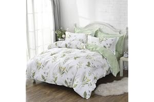 FADFAY Duvet Cover Set Queen Shabby Green Daisy and Lavender Flowers 100% Cotton with Hidden Zipper Closure 3-Piece:1 Duvet Cover & 2 Pillowcases Queen Size