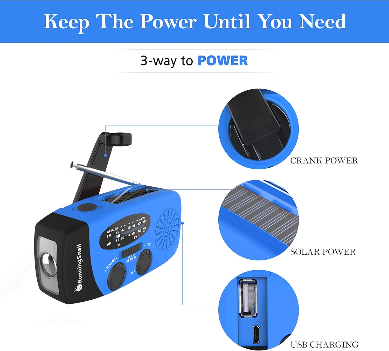 Upgraded Version RunningSnail Emergency Hand Crank Self Powered AM/FM NOAA Solar Weather Radio with LED Flashlight, Emergency Power Bank for iPhone/Smartphone (088B): Home Audio & Theater