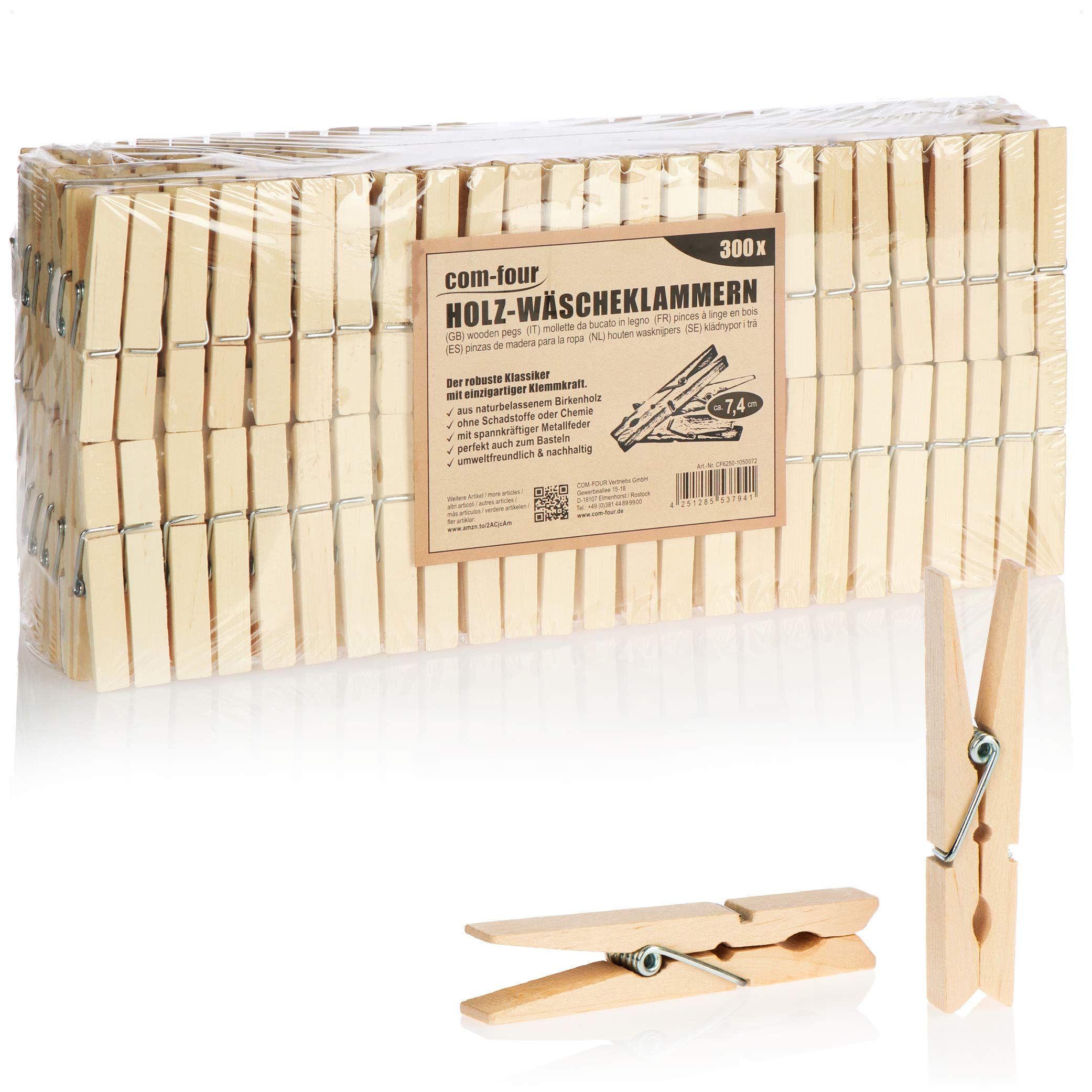 COM-FOUR® 300x wooden clothespins - sustainable wooden pegs made of birch wood - untreated wooden clothespins for hanging clothes and handicrafts (300 pieces - birch wood)