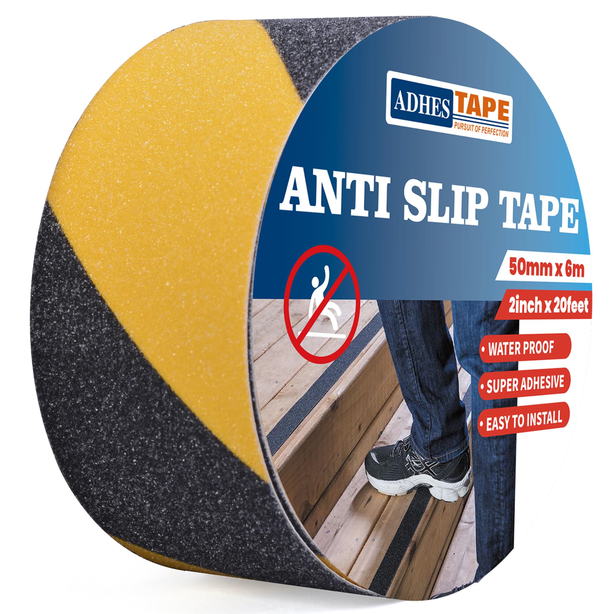 ADHES Heavy Duty Anti Slip Tape Yellow and Black Non Slip Hazard Caution Tape, Strong Grip Warning Tape Floor Mats Sticker for Indoor Outdoor Safety Hazard Warning Tape Stair Treads 2In X 19.6Ft