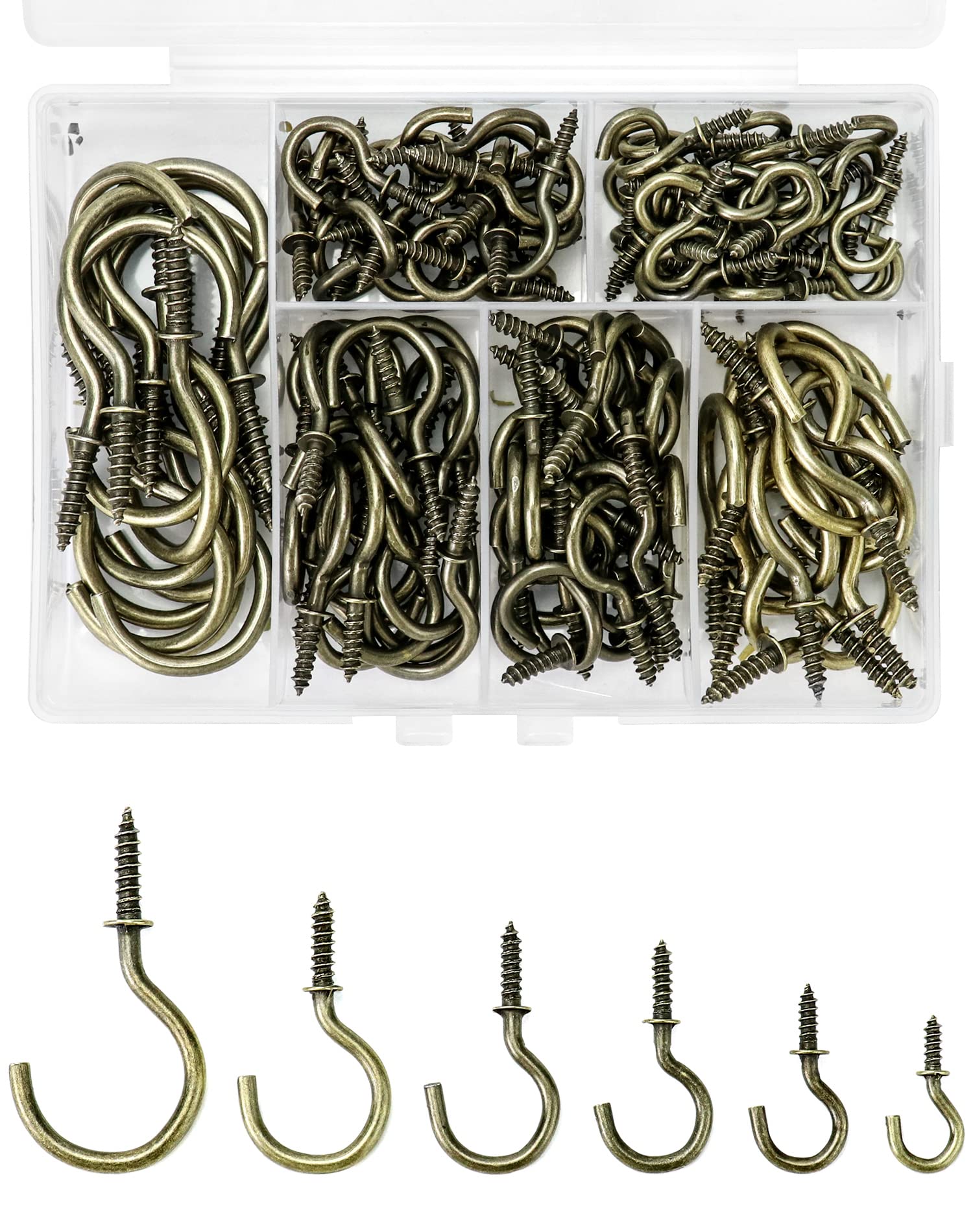 QWORK® 135 Pcs Ceiling Hooks, Screw in Hooks, Cup Hooks, 6 Sizes, Bronze for Hanging Plant, Keys, Hats, Light Hanging Supplies