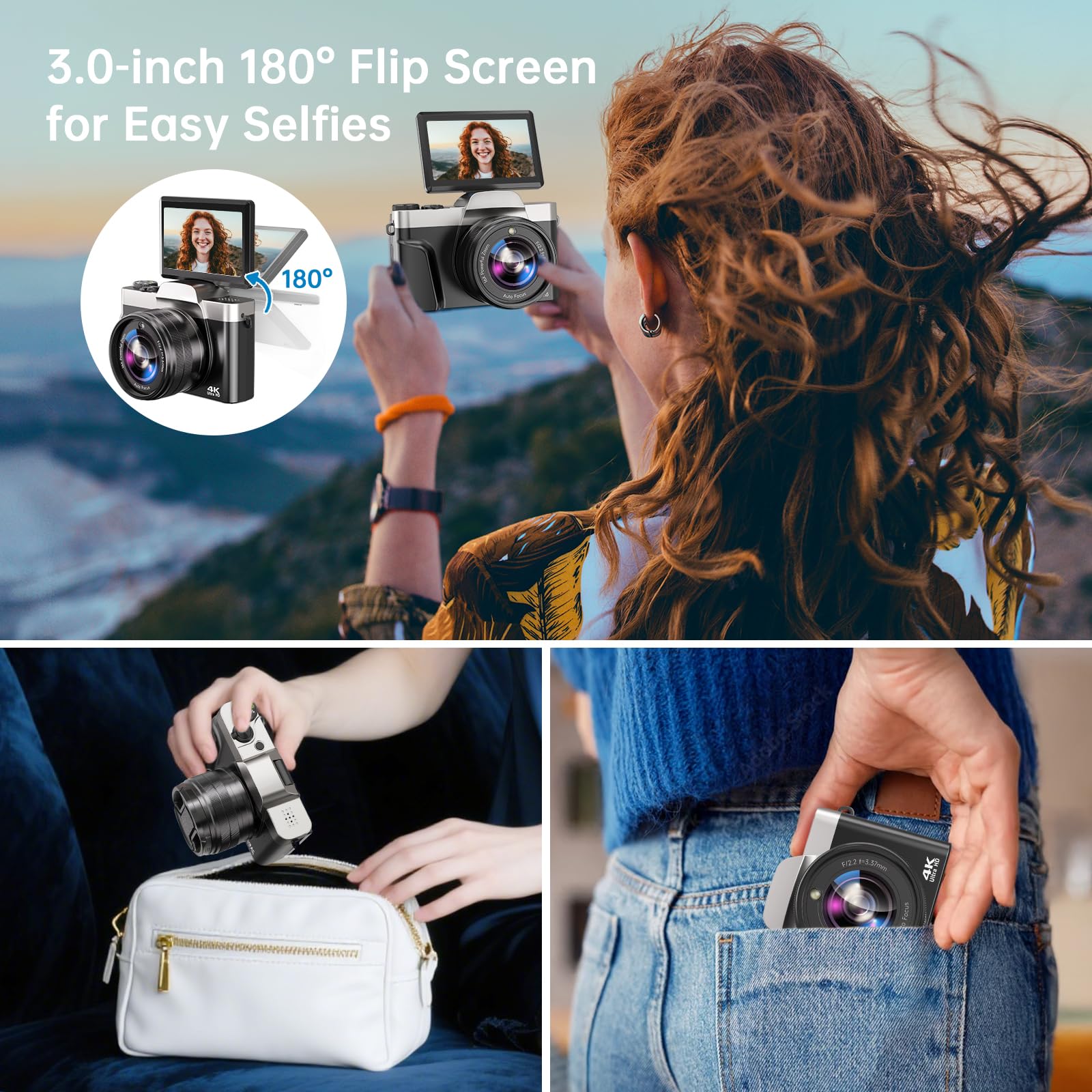 4K Digital Camera for Photography with WiFi 64MP Auto-Focus Vlogging Camera for YouTube Video 3'' 180° Flip Screen 4K Cameras 16X Zoom Anti-Shake Compact Point and Shoot Cameras with SD Card