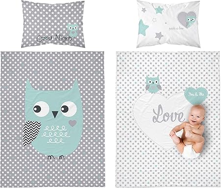 Parure De Lit Reversible Bebe Hibou 100 Coton Housse De Couette 100x135 Cm Taie D Oreiller 40x60 Cm Amazon Fr Bebes Puericulture