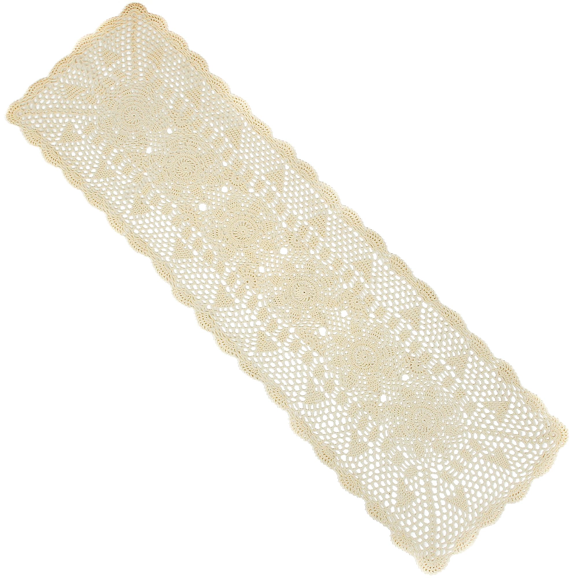 kilofly Handmade Crochet Lace Rectangular Table Runner 15 x 71 Inch, Beige