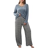 Blooming Jelly Womens Plus Size Pajamas Color Block Pajama Sets Button Down Lounge Sets 2 Piece V Neck Long Sleeve Pj