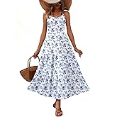 Zeagoo Womens Summer Long Dress Adjustable Spaghetti Strap Floral Casual Dress with Pockets Flowy Tiered Beach Sundress