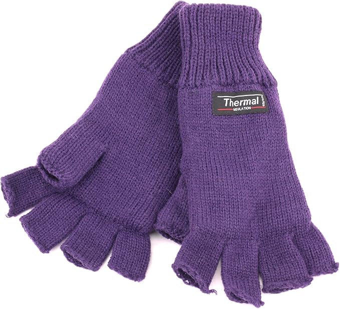 Ladies Thermal Knit Fingerless Gloves Purple Amazon.co.uk Clothing