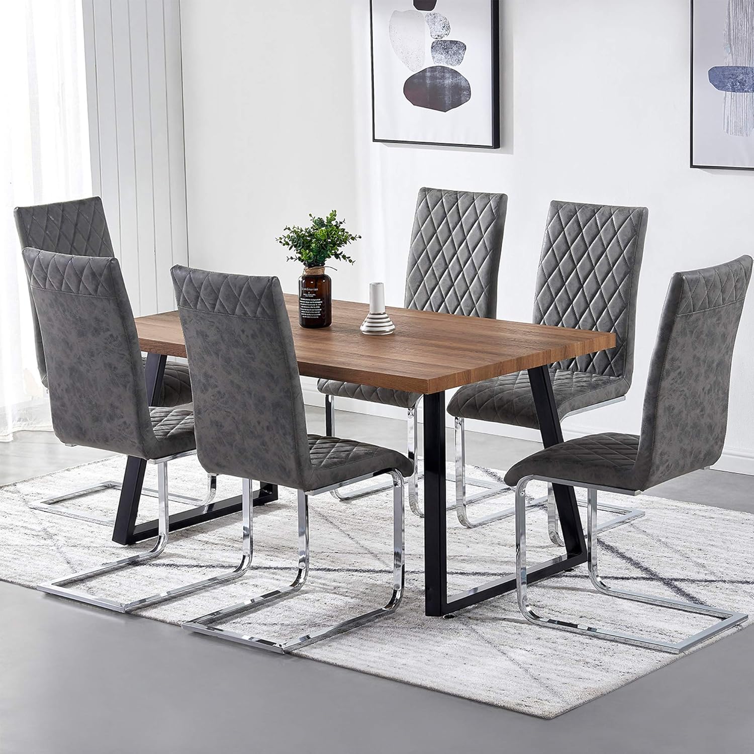 TONVISION Set Of 6 Dining Chairs Diamond Stitched Distressed