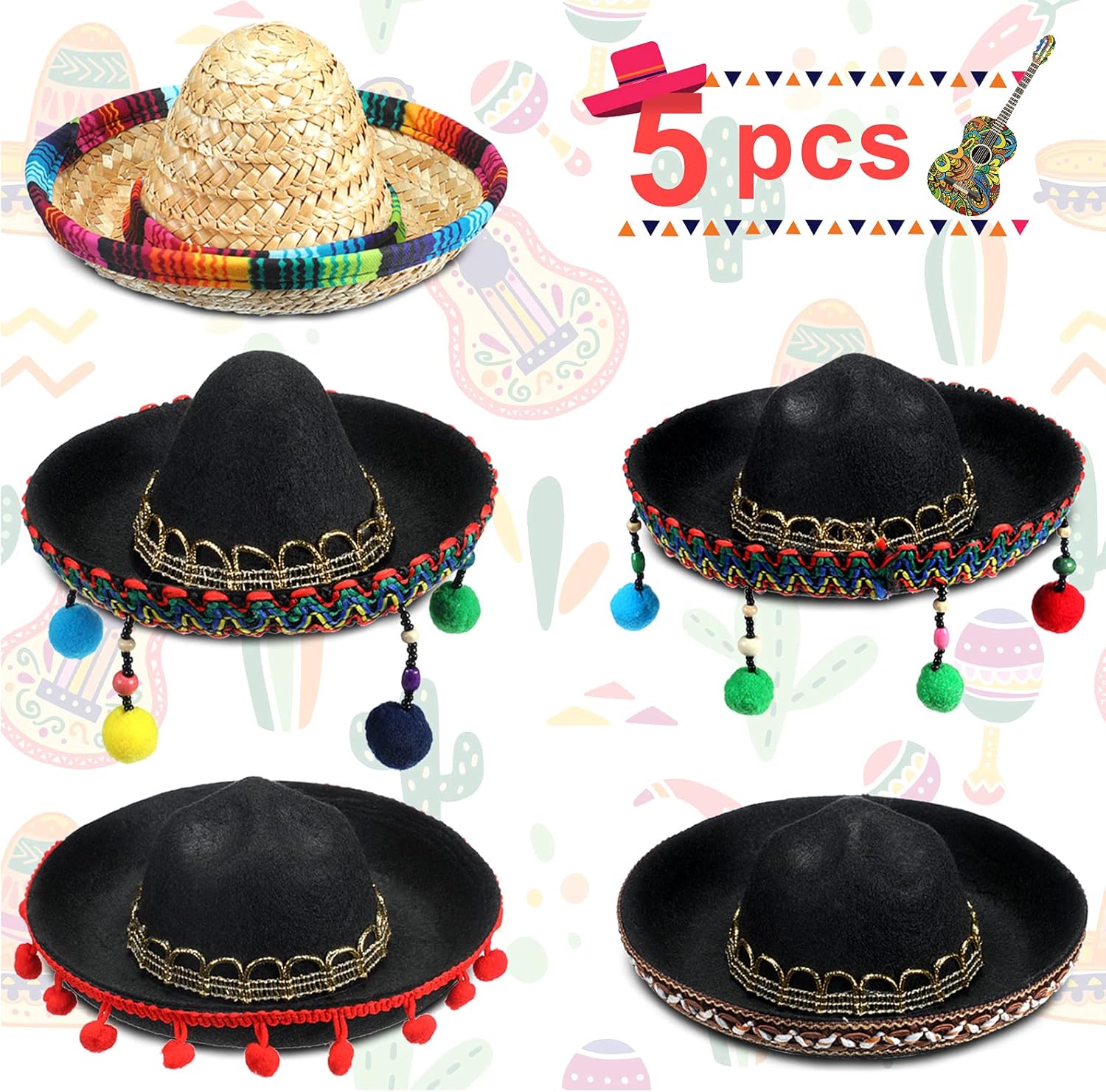 5 Piece Cinco De Mayo Sombrero Hats Mini Mexican Party Hat with Fiesta Fabric and Straw for Birthday Weddings Party Cinco de Mayo Day of The Dead Dia De Muertos Themes Wedding Luau Event Decorations: Clothing