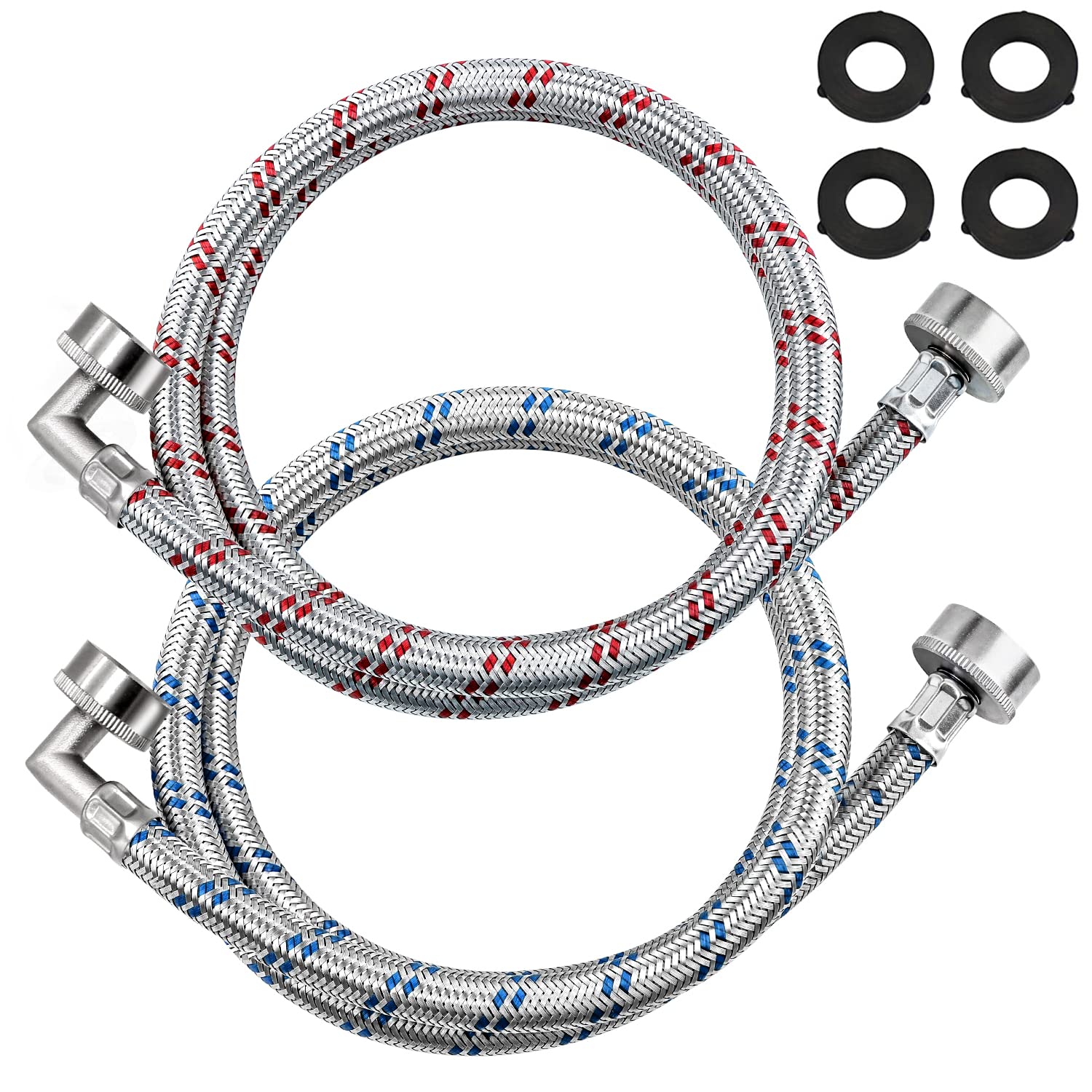 Photo 1 of ?UPGRADED?4FT Stainless Steel Washer Hoses with 90 Degree Elbows by Beaquicy - 2 Pack No-Lead Burst Proof Hot & Cold Water Connection Inlet Washer Supply Lines