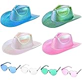 Cididu Set of 4 Holographic Space Cowgirl Hat, Large Metallic Space Cowboy Party Hat with Glasses for Adult Women, Neon Sparkly Glitter Disco Cowgirl Rave Hat for Costume Dress Up Party Accessories