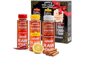 Jamie's Hive to Table Infused Honey Gift Set – Hot, Lemon, and Cinnamon Flavors, 36 Oz, Pack of 3 Squeeze Bottles – 100% Natural Raw Honey