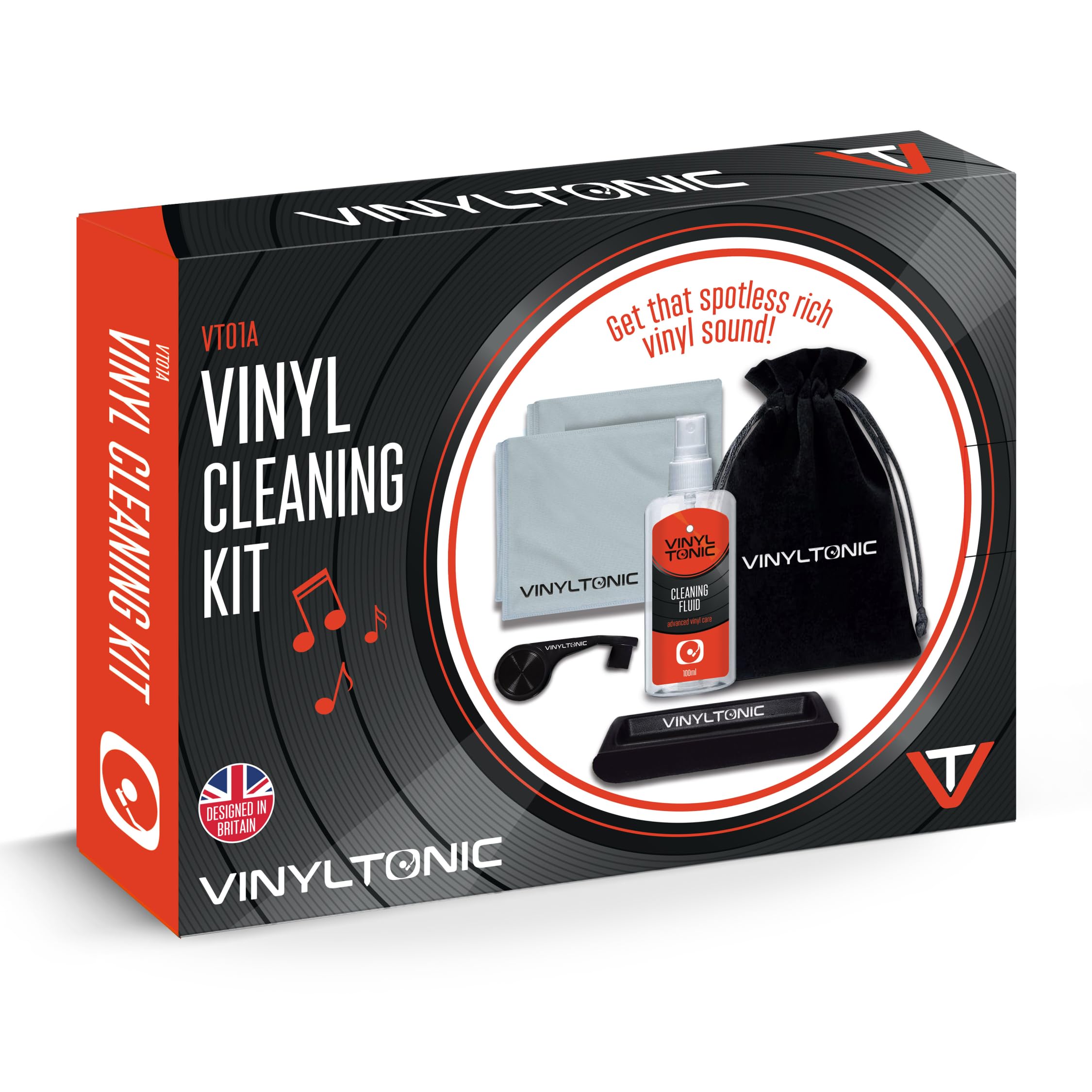 Vinyl Tonic Vinyl Record Cleaning Kit – Includes Cleaning Fluid, Velvet Brush, Microfiber Cloth, Stylus Brush & Storage Bag