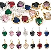 KISSITTY 14pcs Heart Cubic Zirconia Charms Brass Faceted Crystal Dangles Pendants with Gold Sliver Loops for Jewelry Making Necklace Bracelet Earrings DIY Crafts Women Valentine Supplies