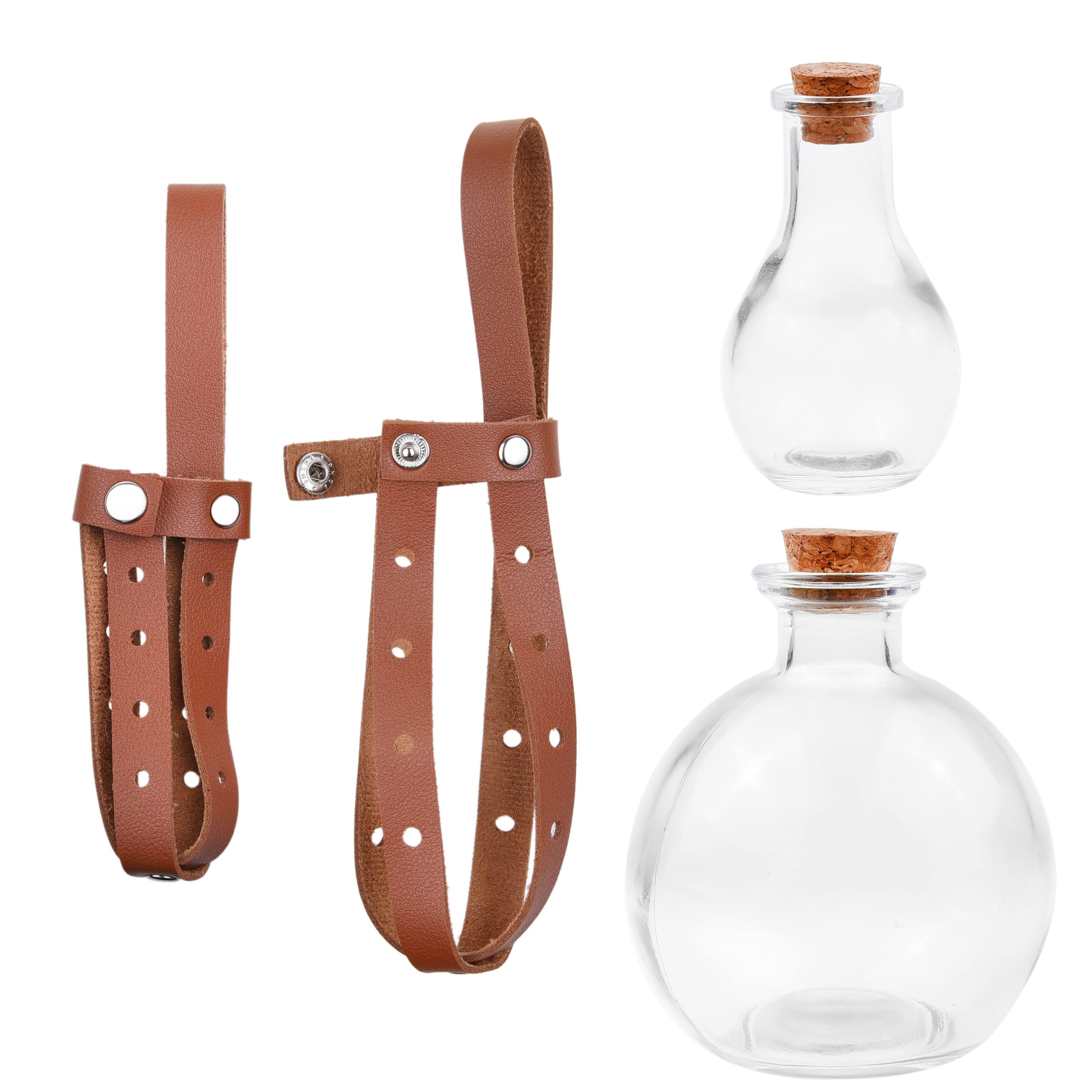 ECO-FUSED 2x Cosplay Potion Bottle (Big/Small) - Clear Spherical Cosplay, Wizard, Witch Costume Accessory - Includes Cork Stopper, Brown Faux Leather Sleeve Holder, Belt Loop