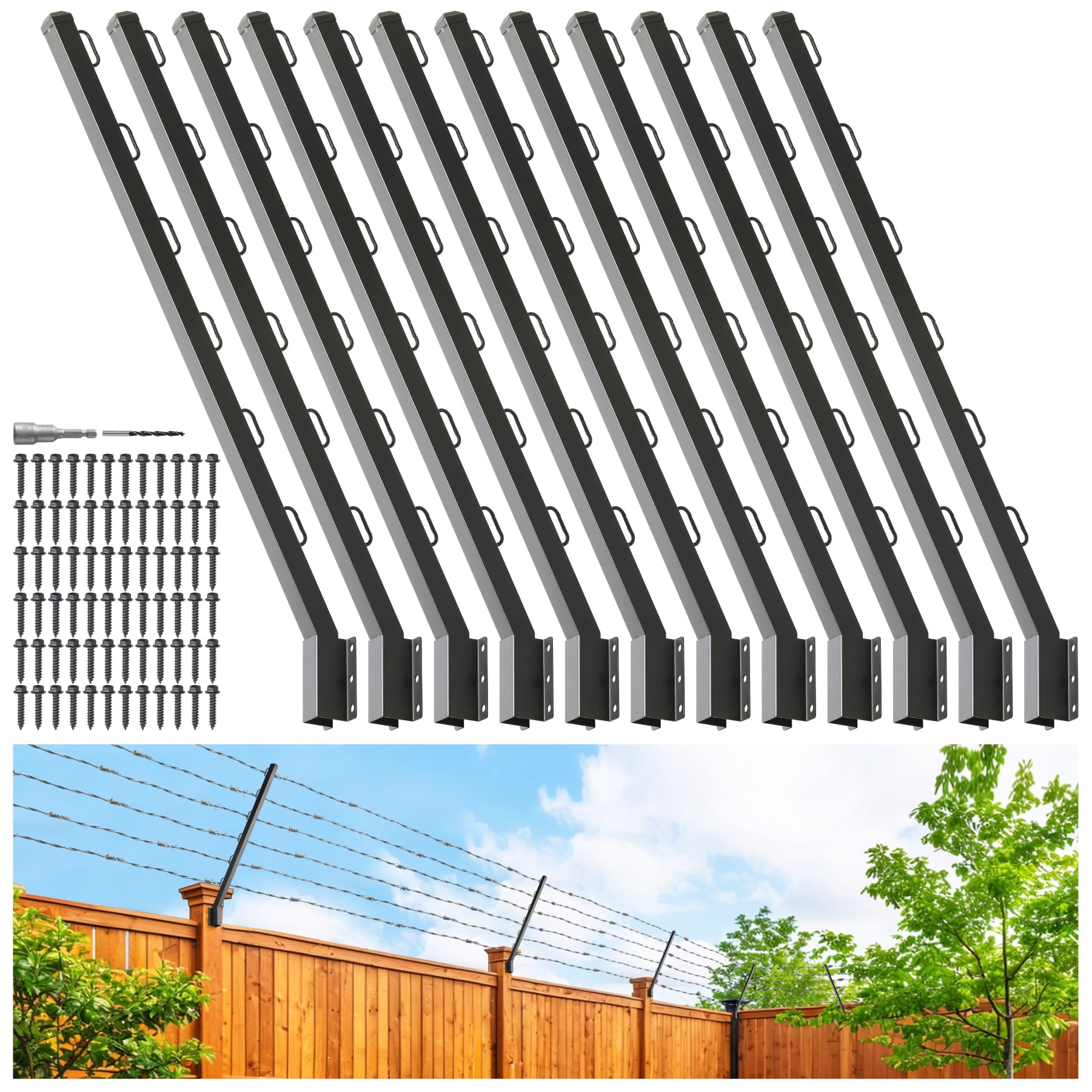 Photo 1 of Epcee 12-Pack Angle 25° Fence Post Extender, 40" Fence Barbed Wire Extend Arm?for Outdoor Fences to Increase Height, Protect Privacy and Pets Jumping Off (12, 40in-25°Angles - Wood Post)
