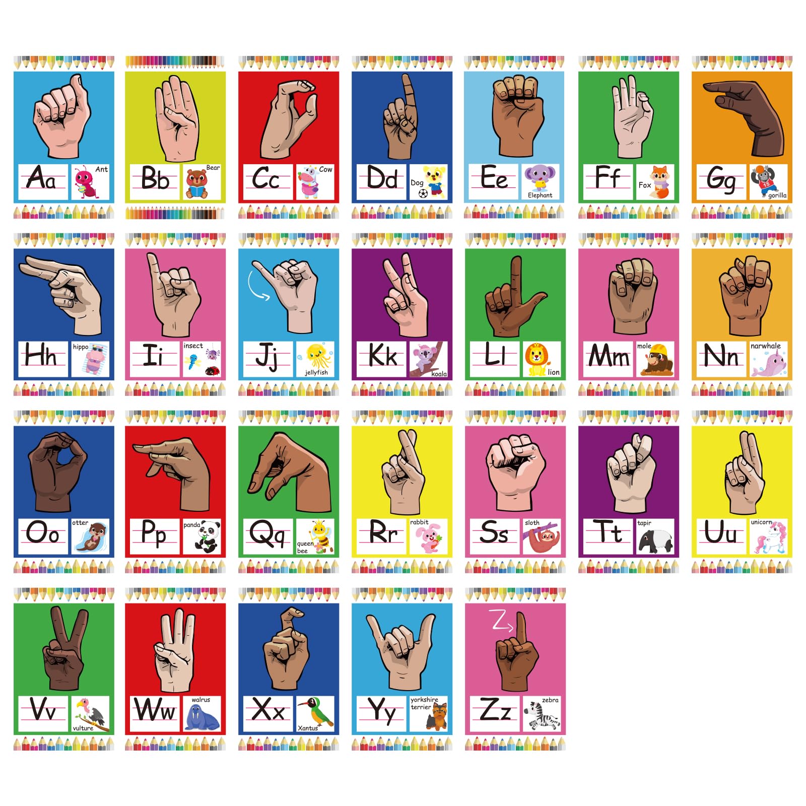 Photo 1 of Sign Language Alphabet Poster - 26 Pcs 5 x 8 Inches ASL Toddler Alphabet Poster for Classroom Decoration, Children's Sign Language Posters for School Classroom Wall Decoration