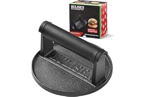 HULISEN Pre-Seasoned Cast Iron Burger Press, Heavy Duty 6” Burger Smasher for Griddle with Heat Resistant Handle, Grill Press for Hamburger, Bacon, Meat, Steak, Patty, Barbecue Grilling Tool, 2.3lb