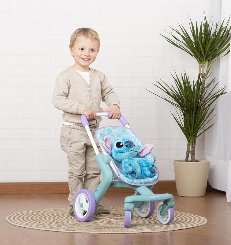 – Stitch Puppenwagen inkl. 25 cm Stitch Plüschfigur – Ergonomischer Schiebegriff, frei drehende Vorderräder – Lauflernwagen für Kinder ab 18 Monaten