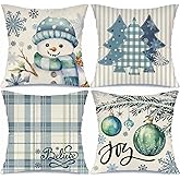 MODOVOS Christmas Winter Snowman Joy Snowflake Throw Pillow Covers Xmas Tree Pillow Covers 16x16 Set of 4 Winter Holiday Buffalo Plaid Cushion Case Decoration for Sofa Couch