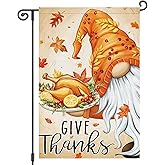 Heyfibro Thanksgiving Garden Flag 12x18 Inch Double Sided Give Thanks Gnome Flag Burlap Vertical Small Turkey Fall Garden Flags for Outside House Farmhouse Yard Harvest Autumn Decoration