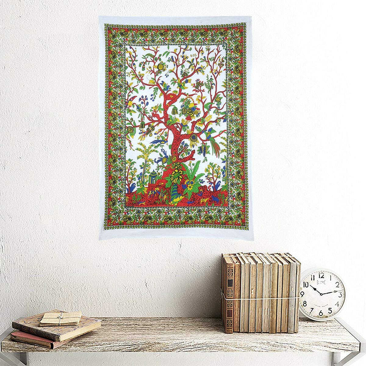 AVA Collections Hippie Wall Art White Orange TREE OF LIFE Wall Hangings Tapestries Indian Cotton Wall Art Hippie Bohemian Boho Table Cover Living Room Home Decor (White, 40 x 30 inches)
