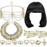 Ecally 13 Pcs Halloween Egyptian Headpiece Costume for Women Jewelry Accessories Short Black Bob Wigs Tassel Head Chain Snake Arm Cuff Collar Necklace Finger Rings for Party Supply