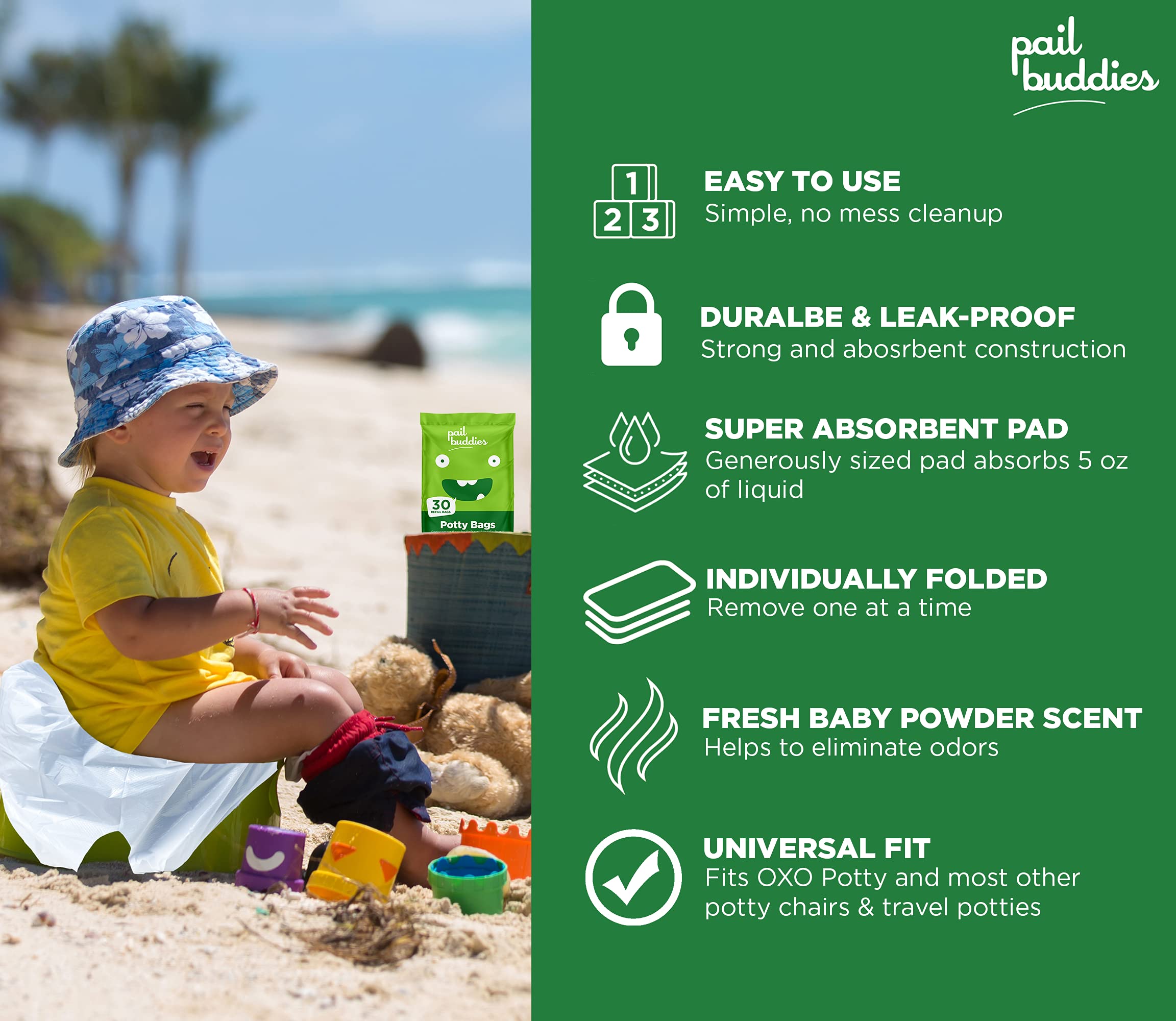 Pail Buddies 60 Refill Potty Bags: Absorbent, Disposable Liners Compatible with OXO Tot 2-in-1 Go Potty | Strong, Leak-Proof Bags Fits Most Travel Potties, Potty Chairs, Potty Seats & Portable Toilets