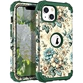 Hocase for iPhone 14 Case/iPhone 13 Case, Heavy Duty Shockproof Protection Soft Silicone Rubber+Hard Plastic Bumpers Hybrid Protective Case for iPhone 13/14 (6.1") - Teal Blue Flowers