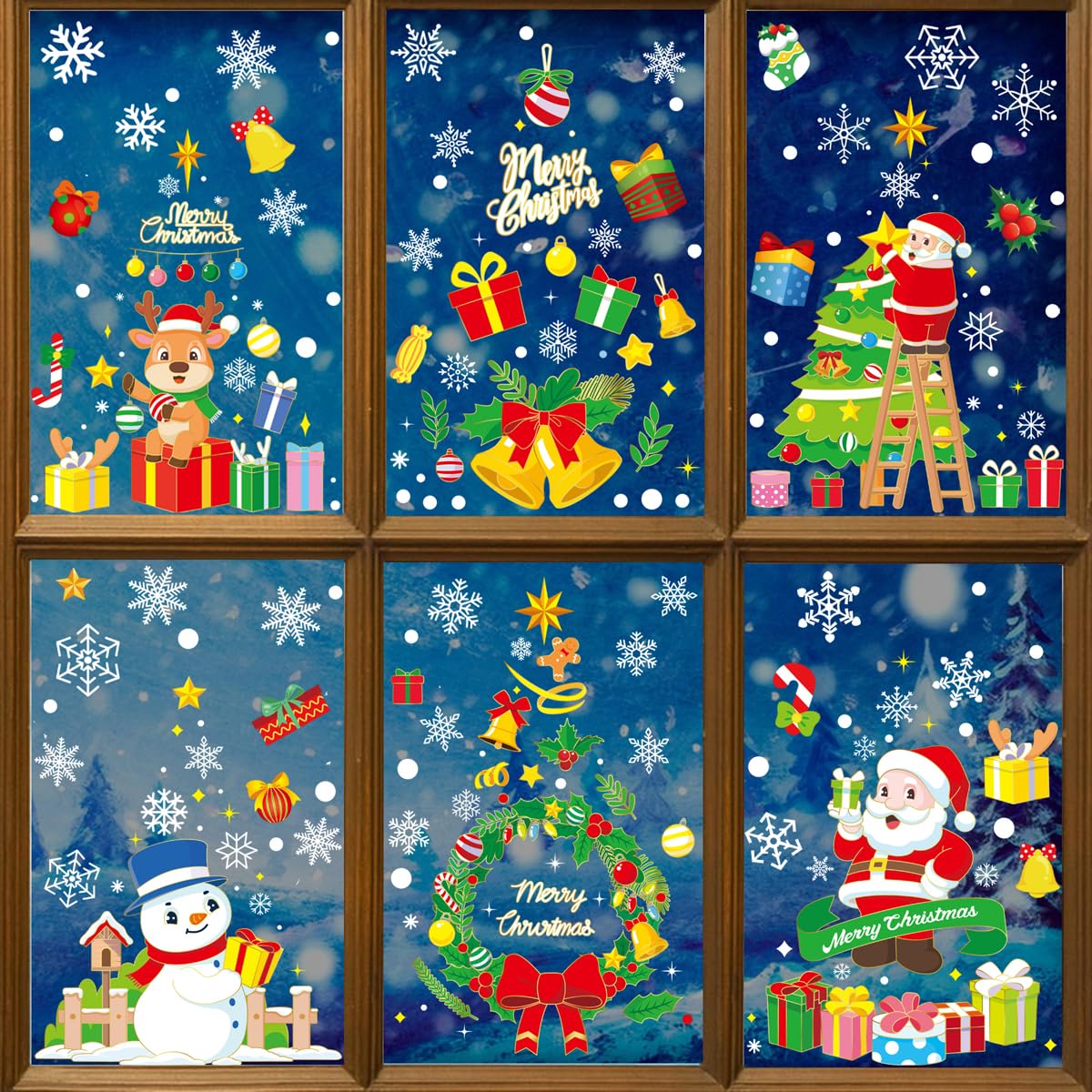 Mifferer 235 Christmas Window Stickers, 8 Sheet White Snowflakes,Christmas Tree, Santa Claus, Gift Box Window Clings PVC Static Stickers for Xmas Christmas Window Display Christmas Decorations