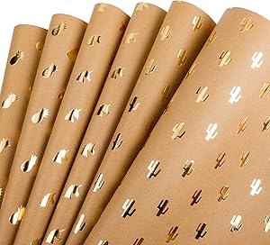 RUSPEPA Kraft Wrapping Paper Gold Foil Pineapple Cactus Shiny Kraft Paper for Birthday, Holiday, Wedding Gift Wrap - 6 Sheets Packed as 1 roll- 17.5 x 30 Inch per Sheet