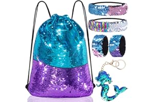 GA&EN Mermaid Reversible Sequin Drawstring Backpack, Dance Bag for Girls Kids with Headband Keychain Bracelet for Christmas Gift Princess Dress Up Costume Party Birthday