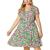 Agnes Orinda Dresses for Women Plus Size 2024 V Neck Short Sleeve Tie Waist Sundress Summer Casual Midi Dress