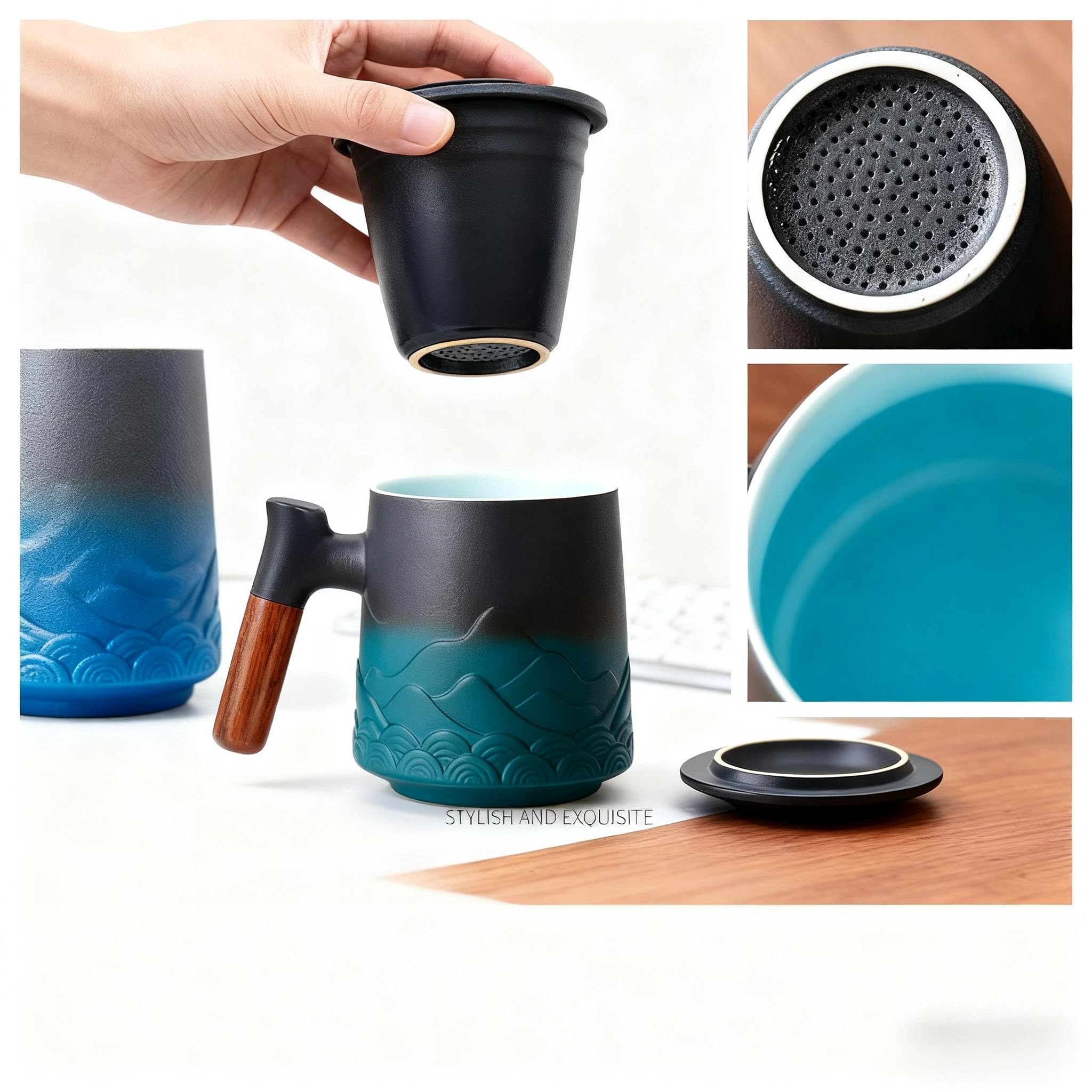 Zenoza Teetasse mit Deckel und Sieb, 500ml Große Keramik Teebecher, Teetassen Handgemacht, Geschenk für Teeliebhaber(Grün) 7